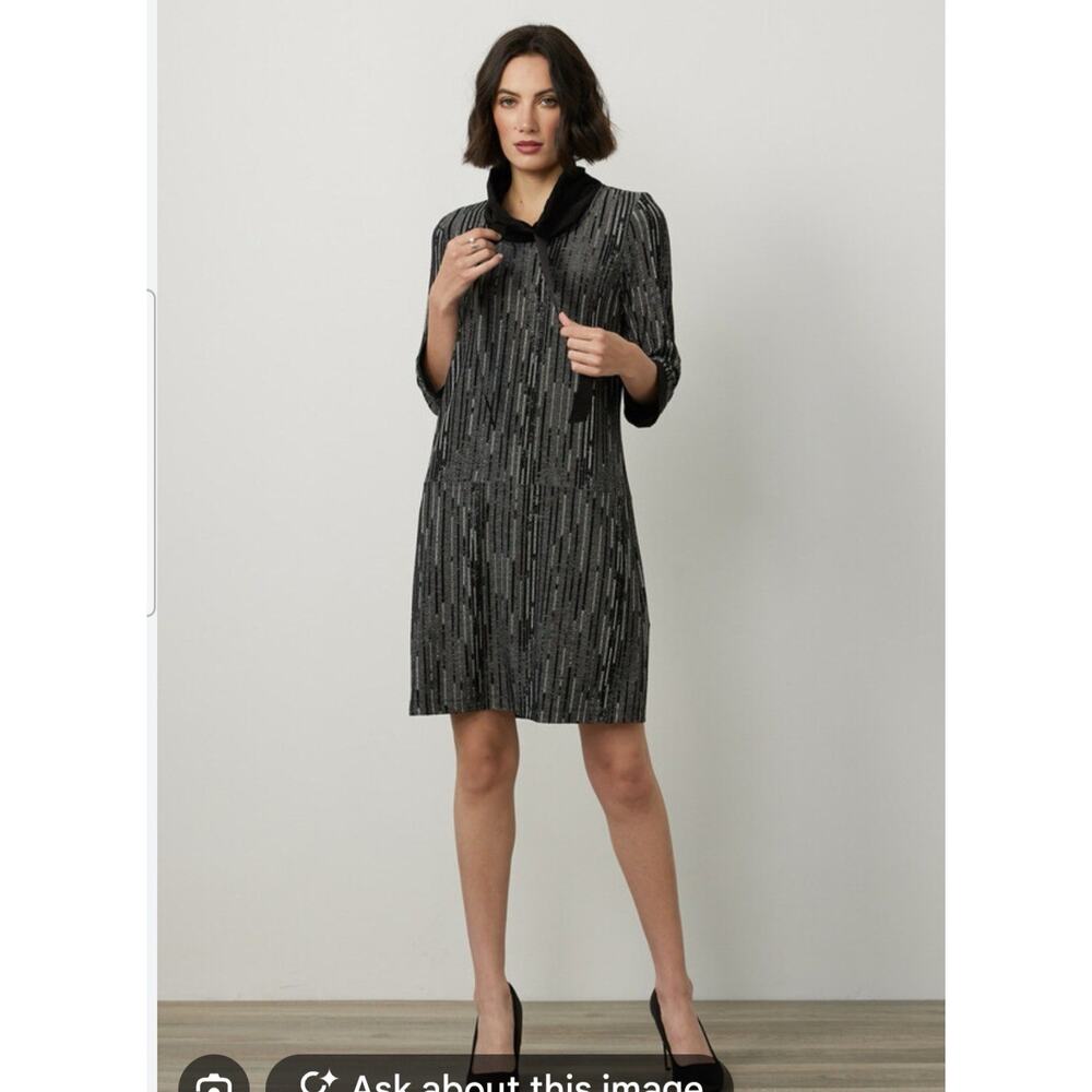 Joseph Ribkoff Black & silver midi dress portrait collar with bow detail size 12